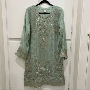 Light Green Pakistani Outfit 3 Piece - shirt, gharara pants, scarf